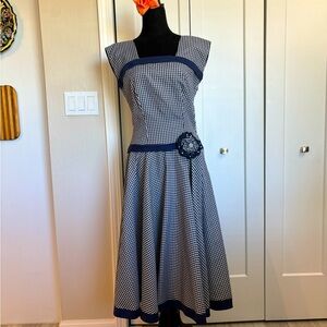 Navy Blue Gingham Hand Crafted Tea Length Dress